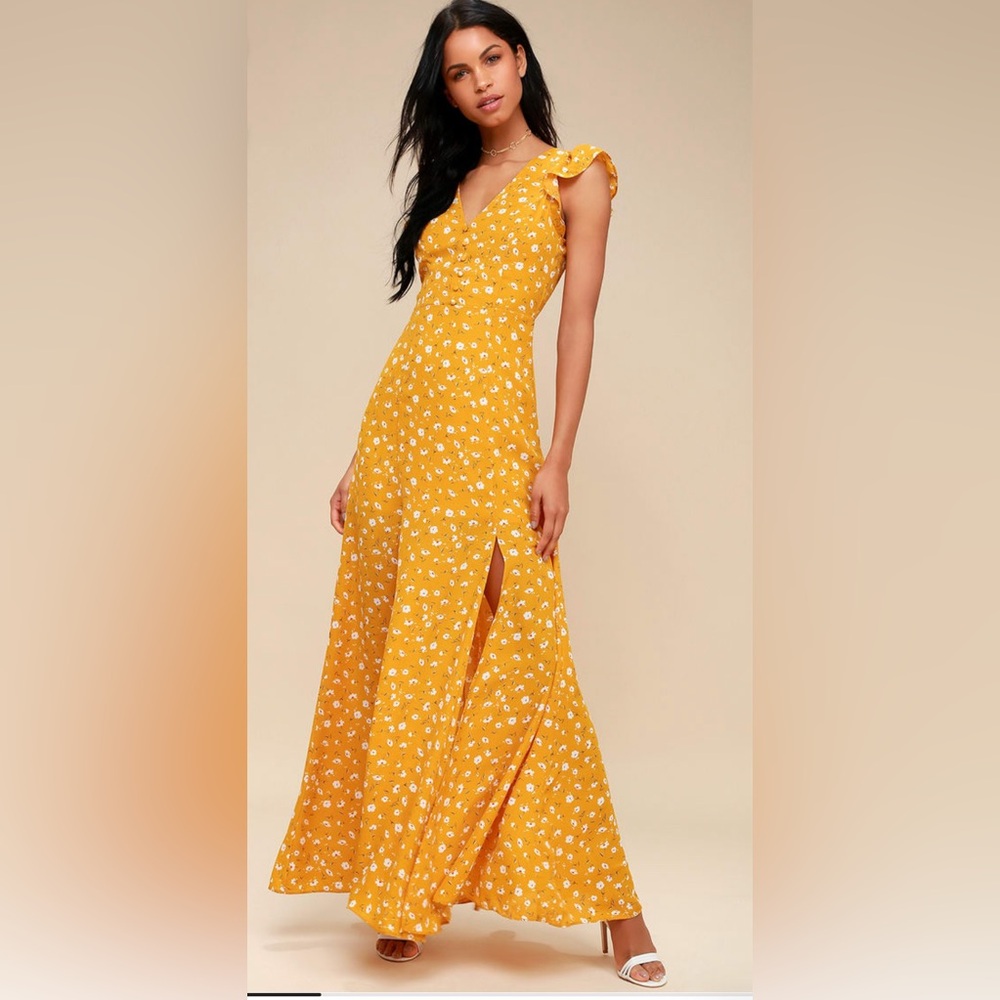Lulu’s Mustard Yellow Floral Print Backless Maxi Dress